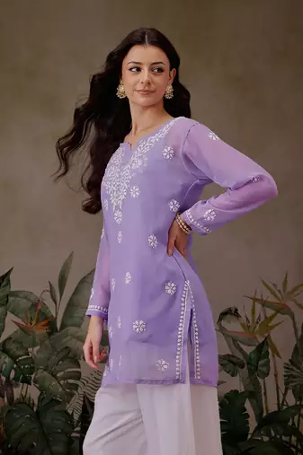 Handmade Mauve Georgette Lucknowi Chikankari Women Straight Short Kurti With Slip