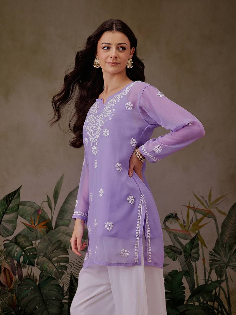 Handmade Mauve Georgette Lucknowi Chikankari Women Straight Short Kurti With Slip