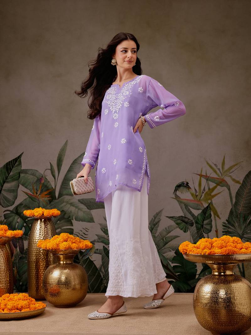 Handmade Mauve Georgette Lucknowi Chikankari Women Straight Short Kurti With Slip