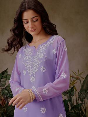 Handmade Mauve Georgette Lucknowi Chikankari Women Straight Short Kurti With Slip 6