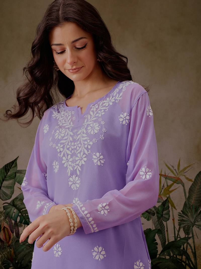 Handmade Mauve Georgette Lucknowi Chikankari Women Straight Short Kurti With Slip