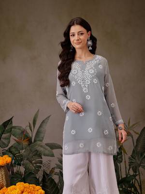 Hand Crafted Grey Georgette Lucknowi Chikankari Indian Women Straight Short Kurti 1