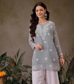 Hand Crafted Grey Georgette Lucknowi Chikankari Indian Women Straight Short Kurti