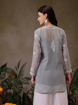 Hand Crafted Grey Georgette Lucknowi Chikankari Indian Women Straight Short Kurti 2
