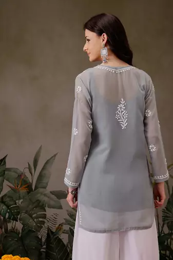 Hand Crafted Grey Georgette Lucknowi Chikankari Indian Women Straight Short Kurti