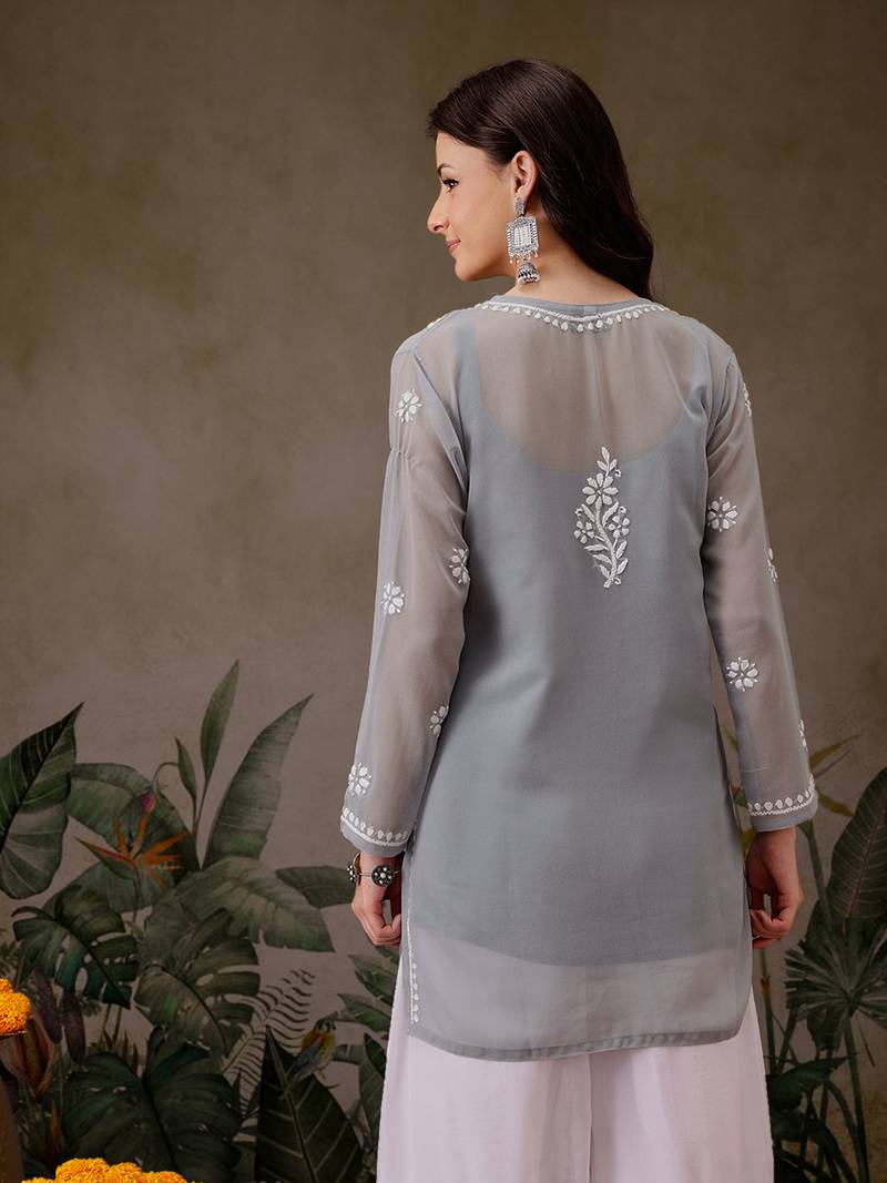 Hand Crafted Grey Georgette Lucknowi Chikankari Indian Women Straight Short Kurti