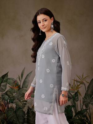 Hand Crafted Grey Georgette Lucknowi Chikankari Indian Women Straight Short Kurti 3