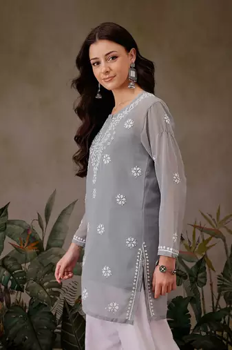 Hand Crafted Grey Georgette Lucknowi Chikankari Indian Women Straight Short Kurti