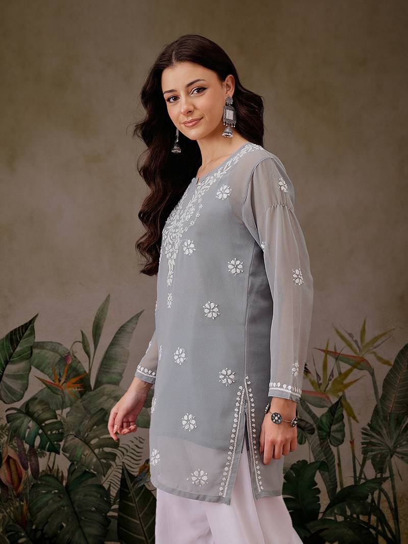 Hand Crafted Grey Georgette Lucknowi Chikankari Indian Women Straight Short Kurti