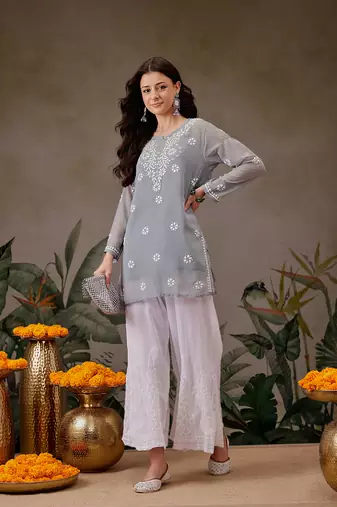 Hand Crafted Grey Georgette Lucknowi Chikankari Indian Women Straight Short Kurti