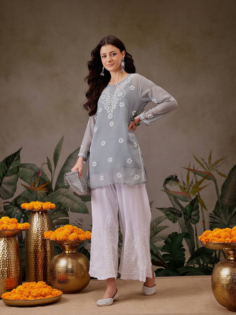 Hand Crafted Grey Georgette Lucknowi Chikankari Indian Women Straight Short Kurti