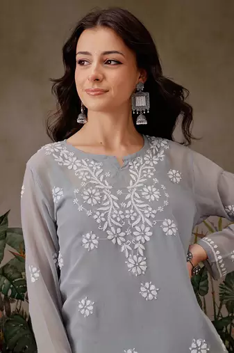 Hand Crafted Grey Georgette Lucknowi Chikankari Indian Women Straight Short Kurti