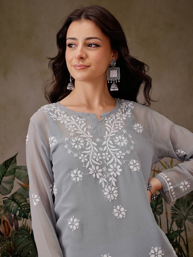 Hand Crafted Grey Georgette Lucknowi Chikankari Indian Women Straight Short Kurti
