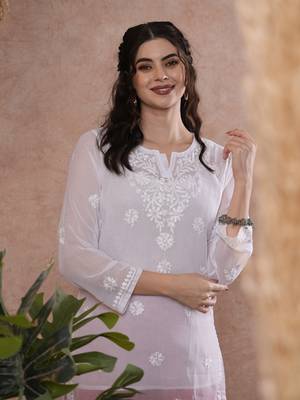 Hand Embroidered White Georgette Lucknowi Chikankari Indian Women Straight Short Kurti With Slip 1