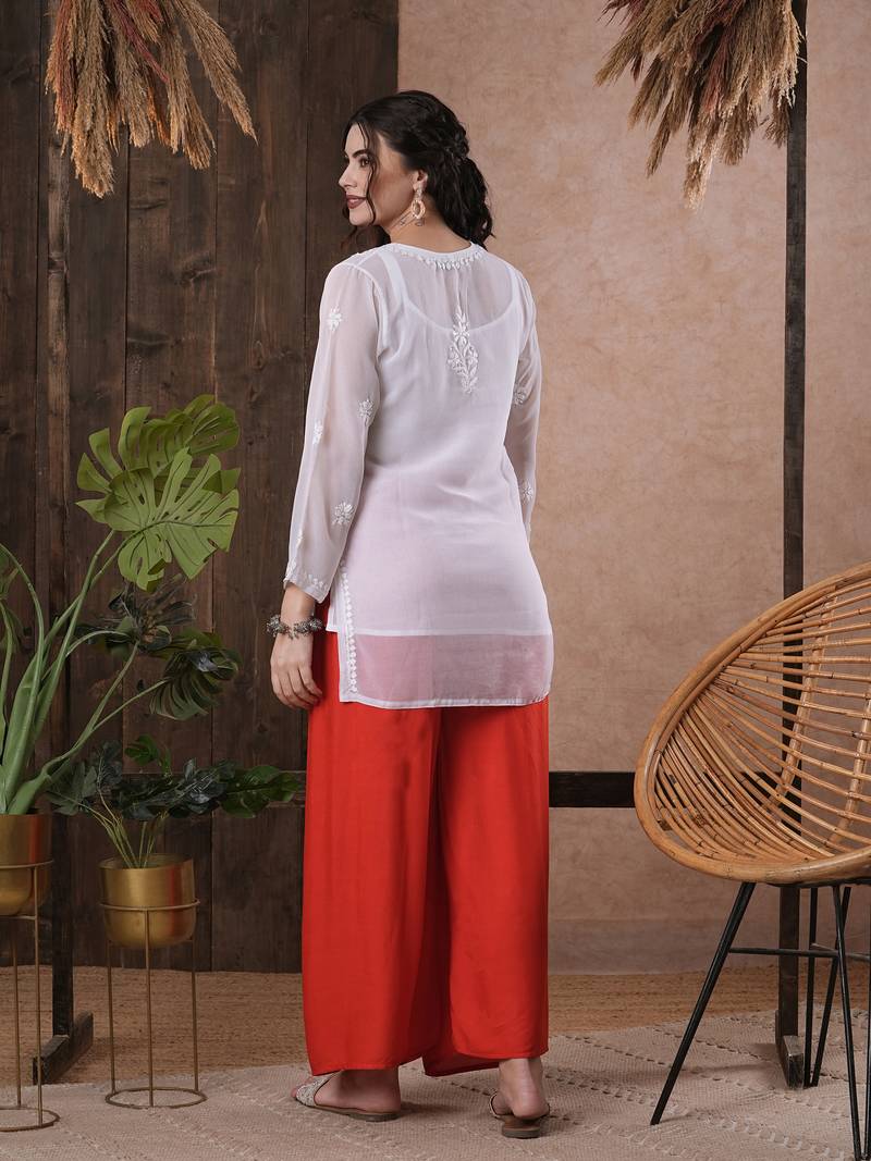 Hand Embroidered White Georgette Lucknowi Chikankari Indian Women Straight Short Kurti With Slip