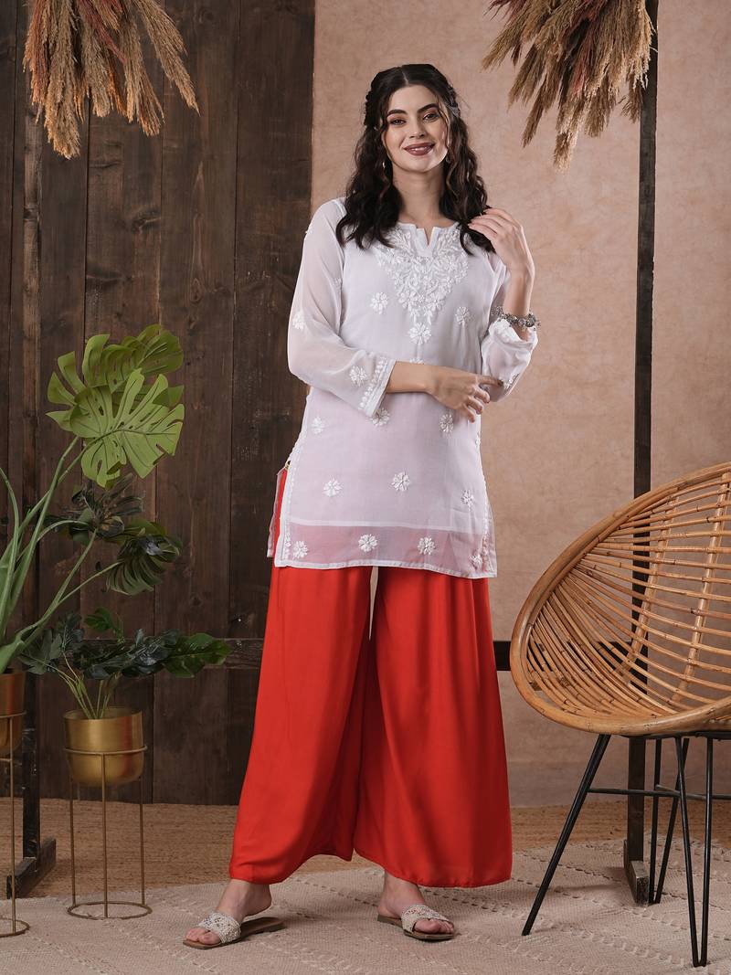 Hand Embroidered White Georgette Lucknowi Chikankari Indian Women Straight Short Kurti With Slip