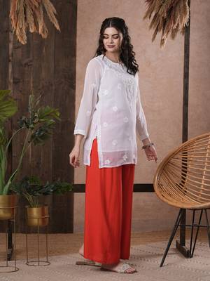 Hand Embroidered White Georgette Lucknowi Chikankari Indian Women Straight Short Kurti With Slip 4
