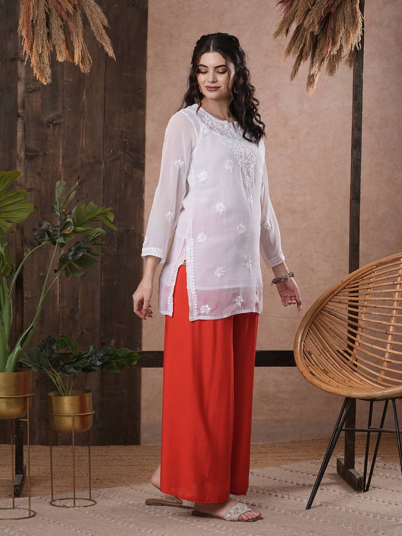 Hand Embroidered White Georgette Lucknowi Chikankari Indian Women Straight Short Kurti With Slip