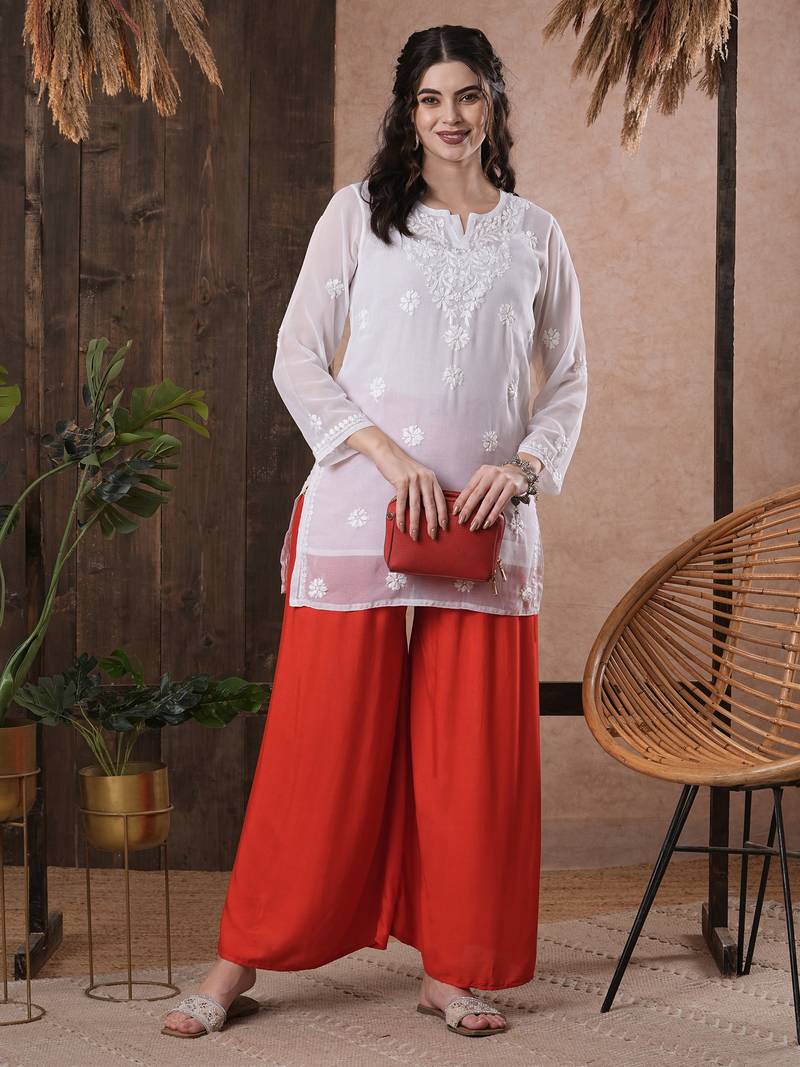 Hand Embroidered White Georgette Lucknowi Chikankari Indian Women Straight Short Kurti With Slip