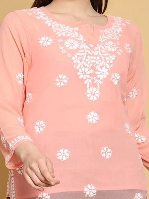 Hand Crafted Peach Georgette Lucknowi Chikankari Indian Women Straight Short Kurti With Slip 2