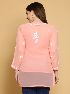 Hand Crafted Peach Georgette Lucknowi Chikankari Indian Women Straight Short Kurti With Slip 3