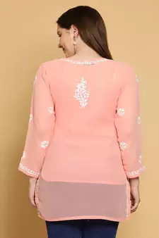 Hand Crafted Peach Georgette Lucknowi Chikankari Indian Women Straight Short Kurti With Slip