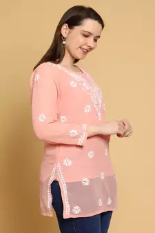 Hand Crafted Peach Georgette Lucknowi Chikankari Indian Women Straight Short Kurti With Slip