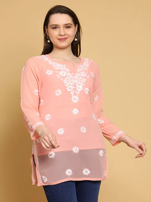 Hand Crafted Peach Georgette Lucknowi Chikankari Indian Women Straight Short Kurti With Slip 5