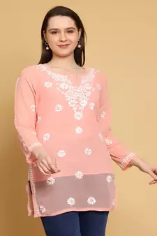 Hand Crafted Peach Georgette Lucknowi Chikankari Indian Women Straight Short Kurti With Slip
