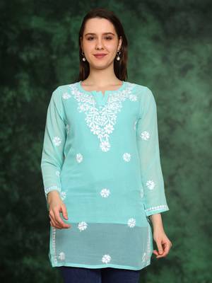 Handmade Sea Green Georgette Lucknowi Chikankari Indian Women Straight Short Kurti 1