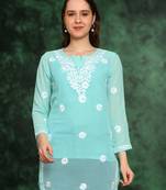 Handmade Sea Green Georgette Lucknowi Chikankari Indian Women Straight Short Kurti