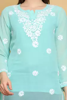 Handmade Sea Green Georgette Lucknowi Chikankari Indian Women Straight Short Kurti