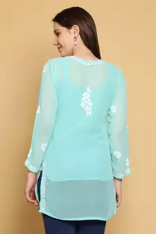 Handmade Sea Green Georgette Lucknowi Chikankari Indian Women Straight Short Kurti