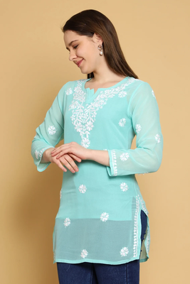 Handmade Sea Green Georgette Lucknowi Chikankari Indian Women Straight Short Kurti 4