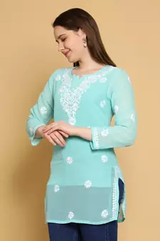 Handmade Sea Green Georgette Lucknowi Chikankari Indian Women Straight Short Kurti