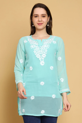 Handmade Sea Green Georgette Lucknowi Chikankari Indian Women Straight Short Kurti 5