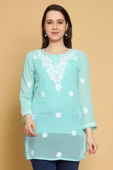 Handmade Sea Green Georgette Lucknowi Chikankari Indian Women Straight Short Kurti