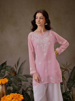 Hand Crafted Pink Georgette Lucknowi Chikankari Indian Women Straight Short Kurti With Slip 1