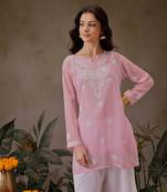 Hand Crafted Pink Georgette Lucknowi Chikankari Indian Women Straight Short Kurti With Slip