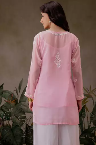 Hand Crafted Pink Georgette Lucknowi Chikankari Indian Women Straight Short Kurti With Slip