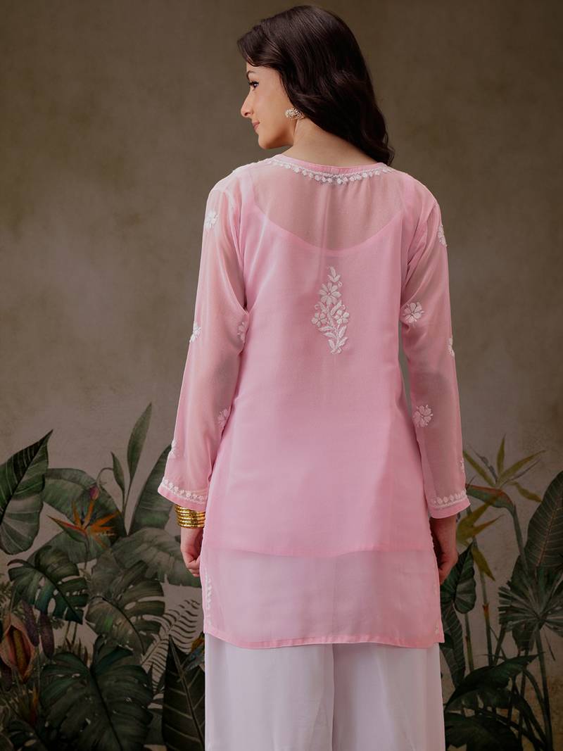 Hand Crafted Pink Georgette Lucknowi Chikankari Indian Women Straight Short Kurti With Slip