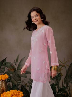 Hand Crafted Pink Georgette Lucknowi Chikankari Indian Women Straight Short Kurti With Slip 3