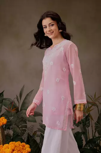 Hand Crafted Pink Georgette Lucknowi Chikankari Indian Women Straight Short Kurti With Slip