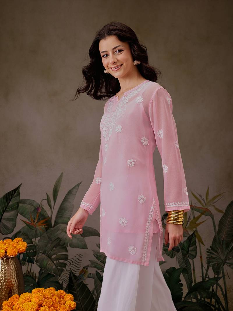 Hand Crafted Pink Georgette Lucknowi Chikankari Indian Women Straight Short Kurti With Slip