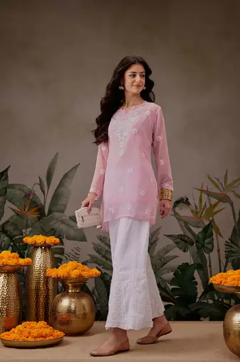 Hand Crafted Pink Georgette Lucknowi Chikankari Indian Women Straight Short Kurti With Slip