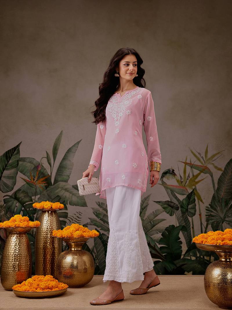 Hand Crafted Pink Georgette Lucknowi Chikankari Indian Women Straight Short Kurti With Slip