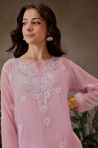 Hand Crafted Pink Georgette Lucknowi Chikankari Indian Women Straight Short Kurti With Slip