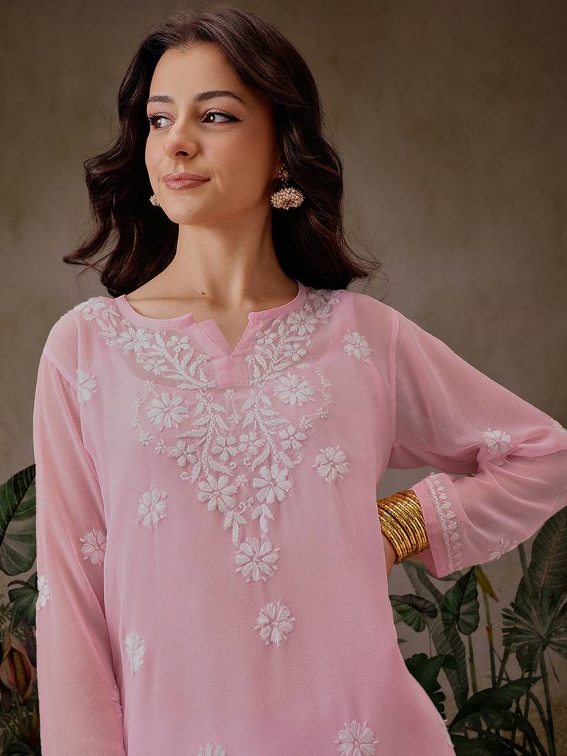 Hand Crafted Pink Georgette Lucknowi Chikankari Indian Women Straight Short Kurti With Slip