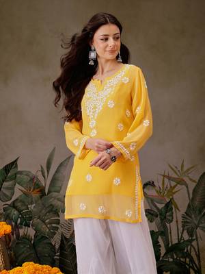 Hand Embroidered Yellow Georgette Lucknowi Chikankari Indian Women Straight Short Kurti With Slip 1