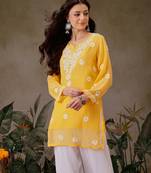 Hand Embroidered Yellow Georgette Lucknowi Chikankari Indian Women Straight Short Kurti With Slip